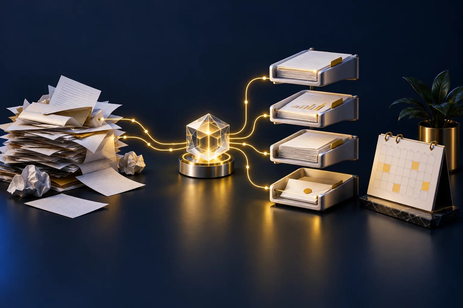 Illustration de documents entrants triés et transmis automatiquement aux bons outils.
